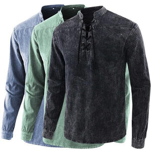 Copy of 2021 Men Gothic Retro T Shirt Lace-up V-neck Denim Long Sleeve Tee Shirt Loose Tops