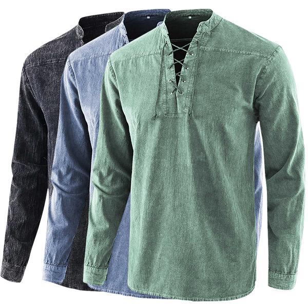 Copy of 2021 Men Gothic Retro T Shirt Lace-up V-neck Denim Long Sleeve Tee Shirt Loose Tops