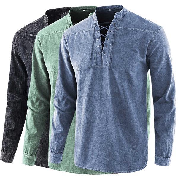 Copy of 2021 Men Gothic Retro T Shirt Lace-up V-neck Denim Long Sleeve Tee Shirt Loose Tops