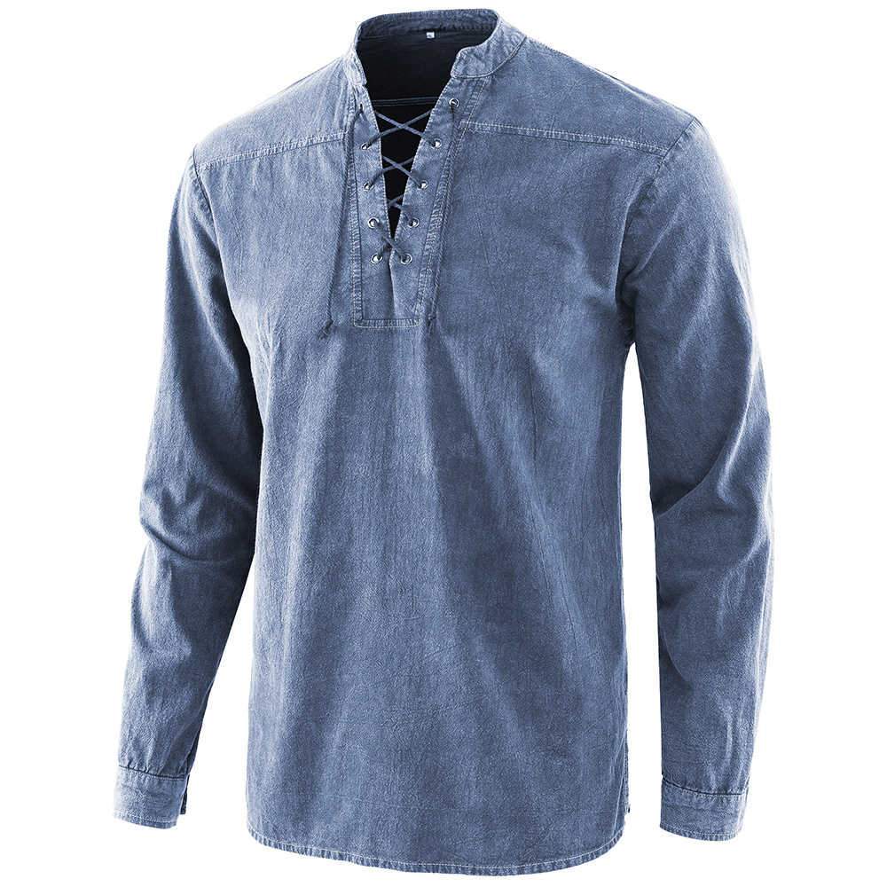 Copy of 2021 Men Gothic Retro T Shirt Lace-up V-neck Denim Long Sleeve Tee Shirt Loose Tops