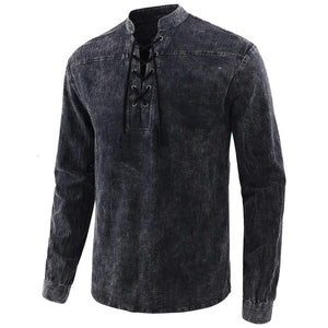 Copy of 2021 Men Gothic Retro T Shirt Lace-up V-neck Denim Long Sleeve Tee Shirt Loose Tops