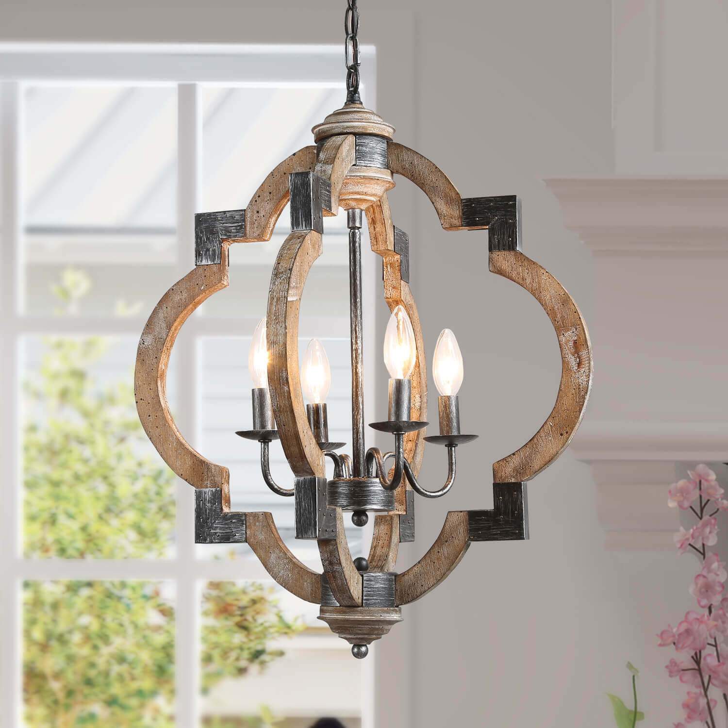 LNC Farmhouse Chandelier Wood Metal Geometric Pendant 4-Light